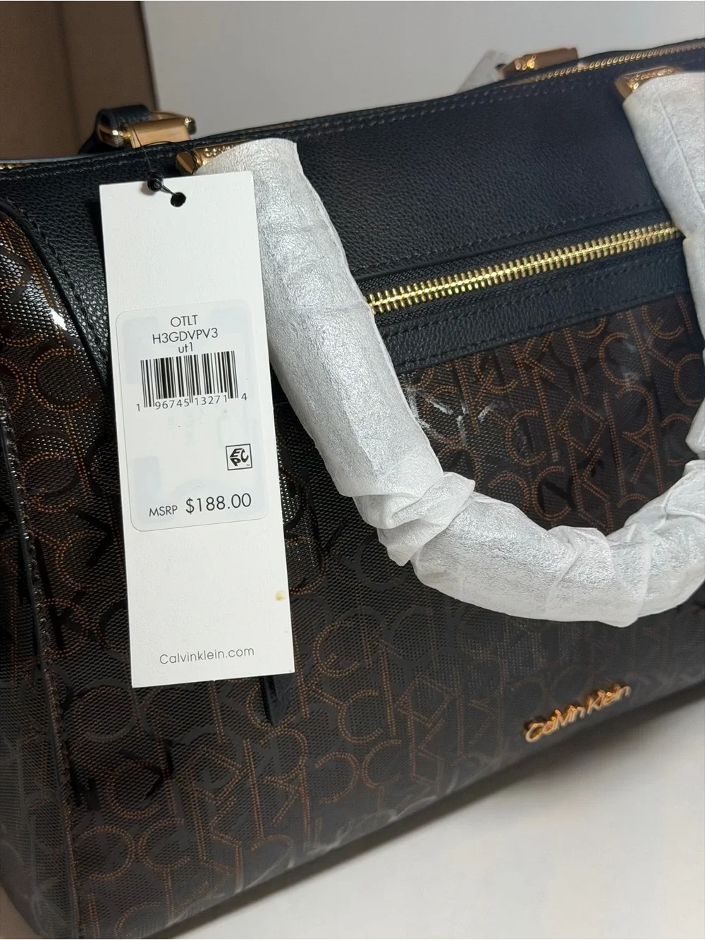 Calvin Klein Brown Monogram Satchel with Gold Hardware
